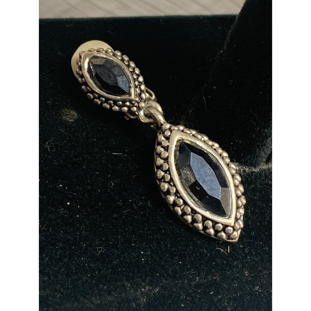 Vintage Silver Tone Black Marquise Stone Beaded Clip On Drop Dangle Earrings - Picture 3 of 6
